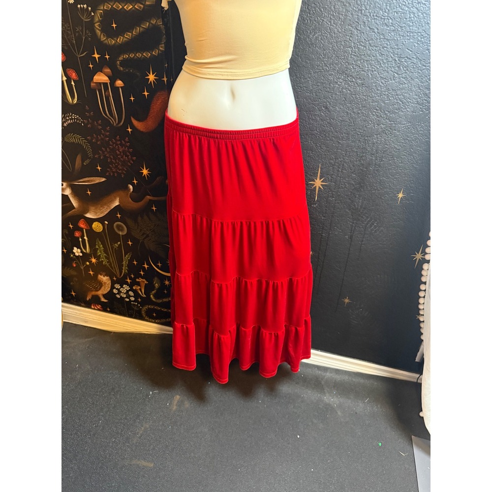 White Stage Red Velvet Tiered Maxi Skirt Small Boho Ruffle Holiday Made in USA